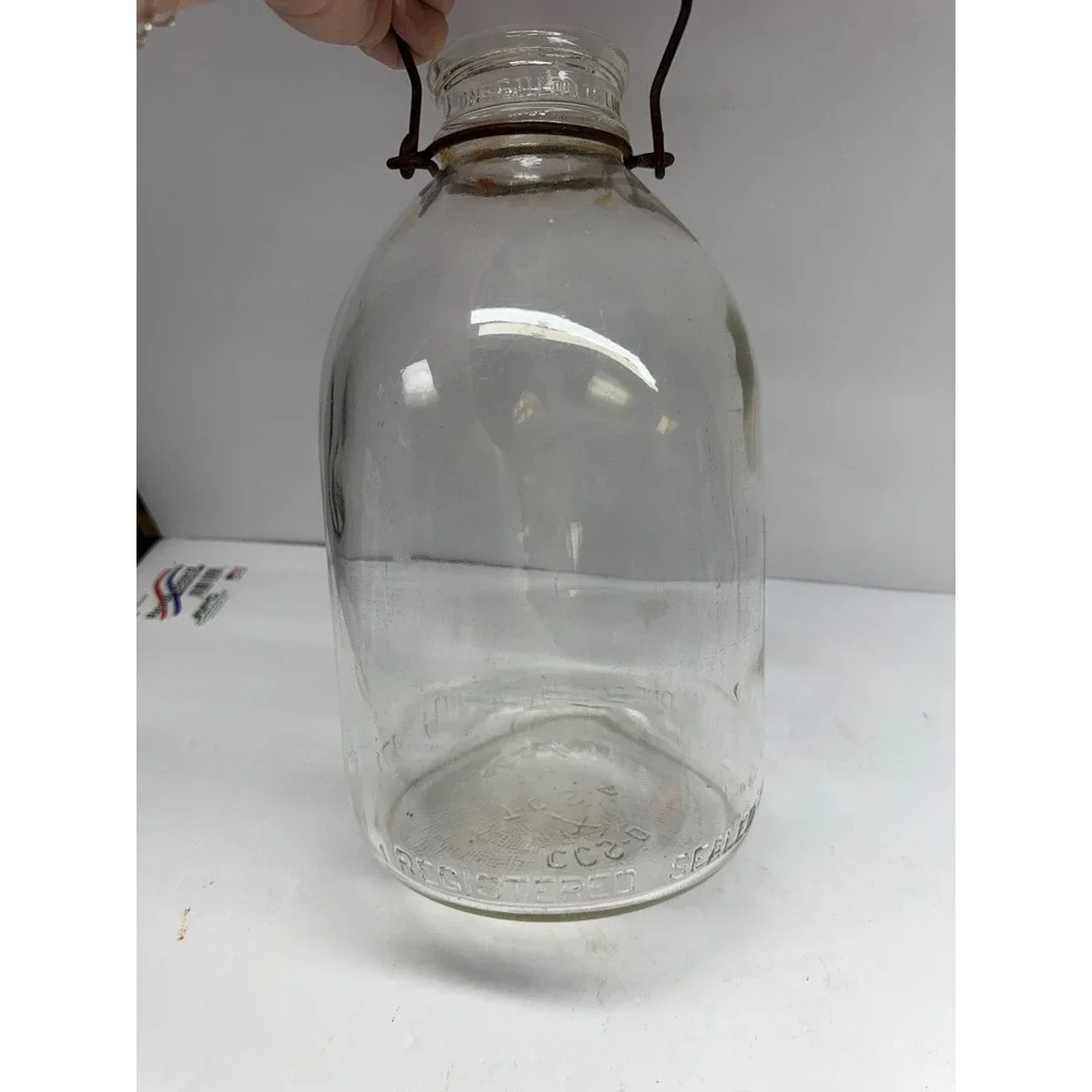 Vintage One Gallon Clear Glass Jug with Metal Bale Handle Farmhouse Decor Bottle